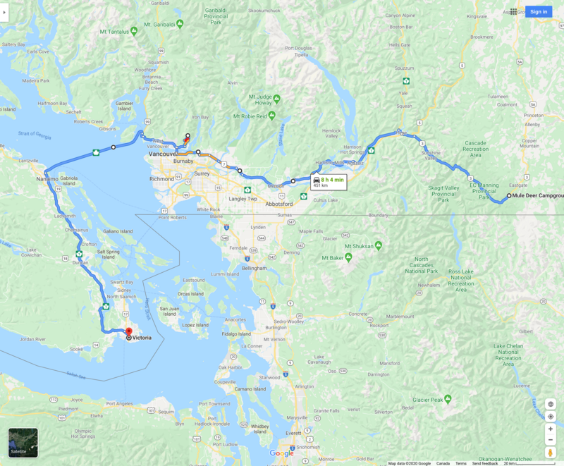 Map of route from Mule Deer campground to Victoria