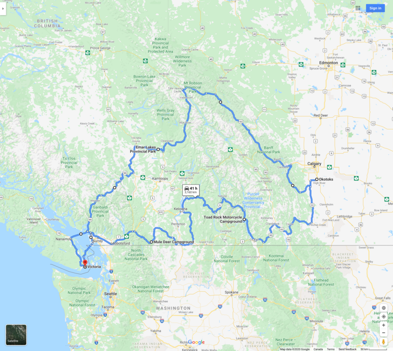Map of route accross BC to Alberta