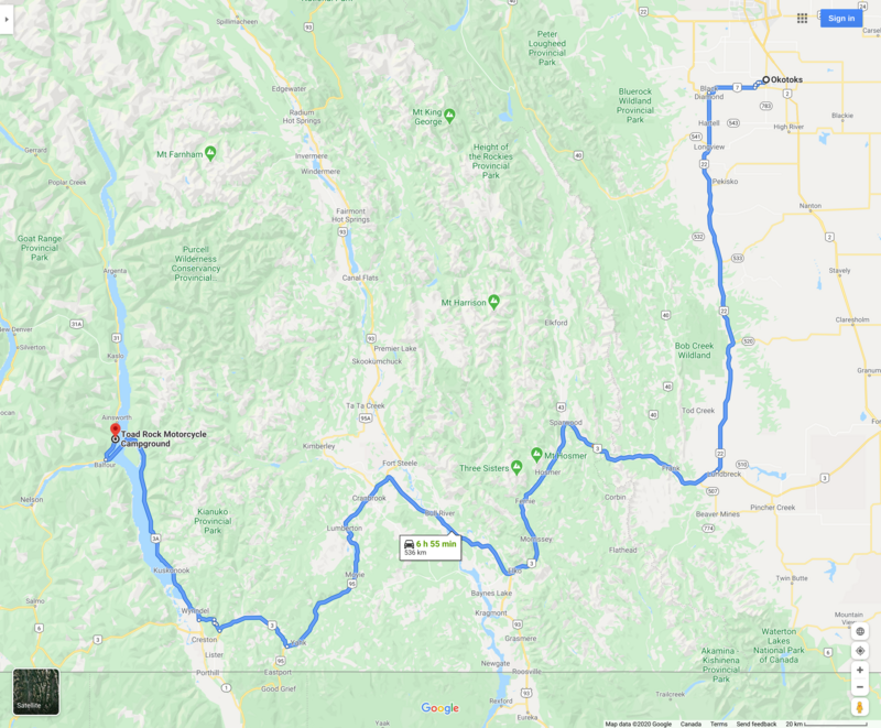 Map from Okotoks to Toad Rock Motorcycle Campground