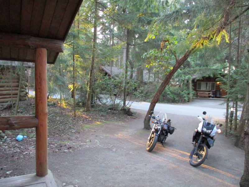 Motorcycles parked out front of cabin